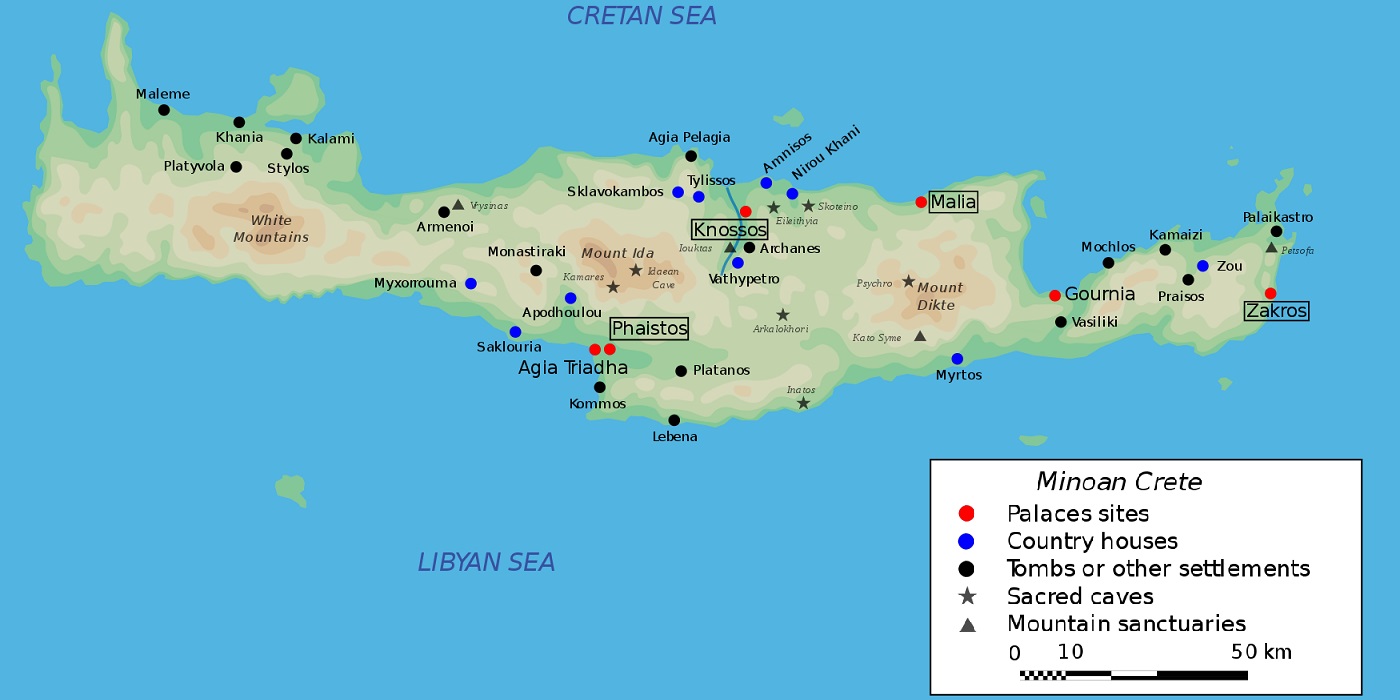 Карта минойского Крита с археологическими местами