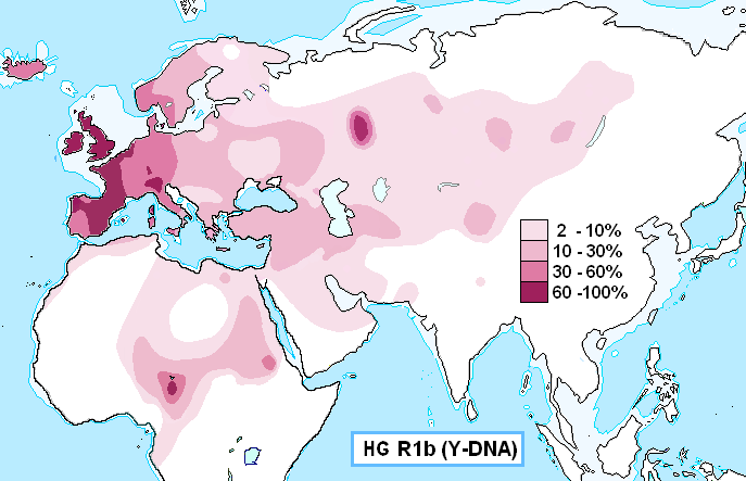 Карта распространения популяции людей с Y-хромосомной гаплогруппой R1b