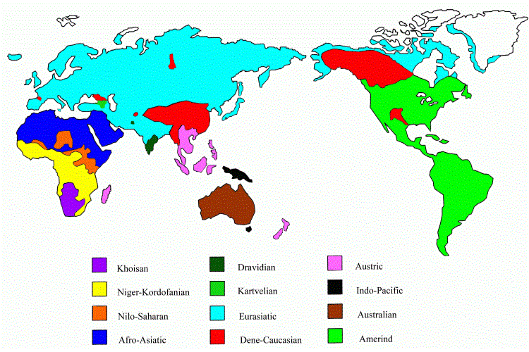 Языковые макросемьи мира (карта с проекта Вавилонская башня)