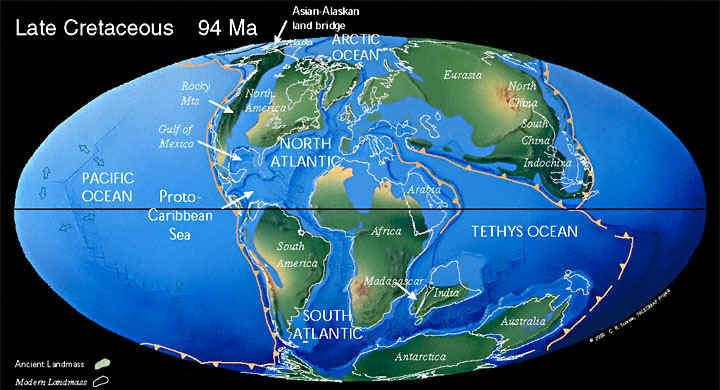 Континенты в позднем меле (94 млн. лет назад)