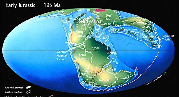 Континенты в раннем юрском периоде (195 млн. лет назад)