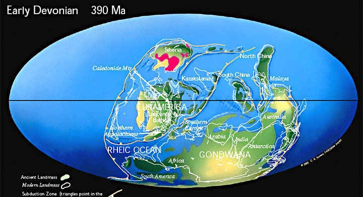 Континенты в раннем девоне (390 млн. лет назад)