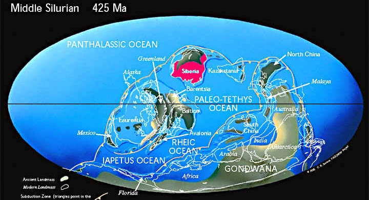 Континенты в среднем силуре (425 млн. лет назад)