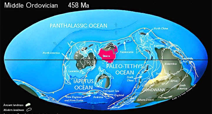 Континенты в среднем ордовике (458 млн. лет назад)